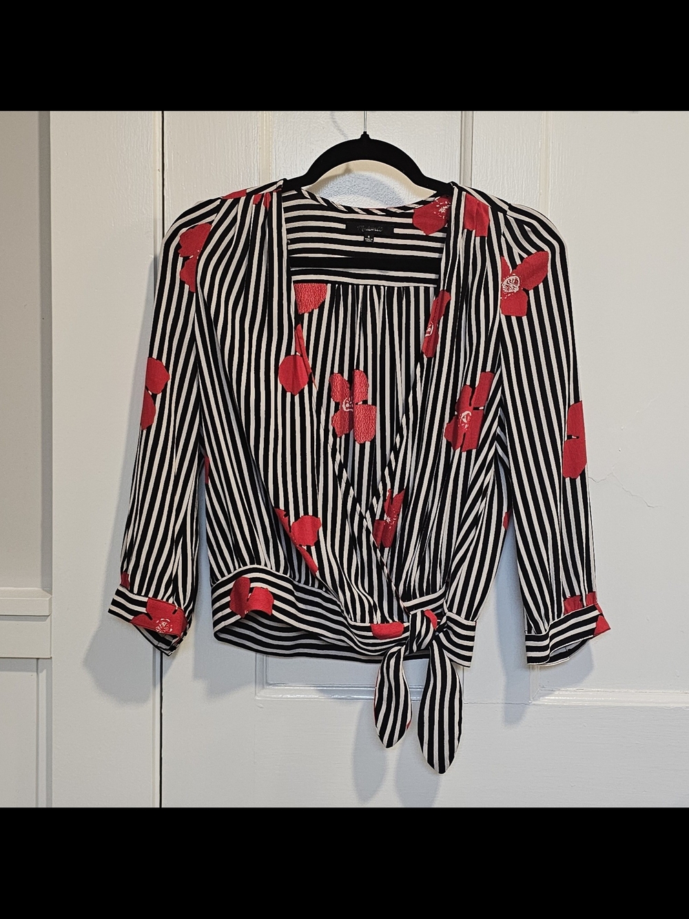 Madewell Black & White Wrap Blouse Top Shirt Red Floral Candied Orchid Small S